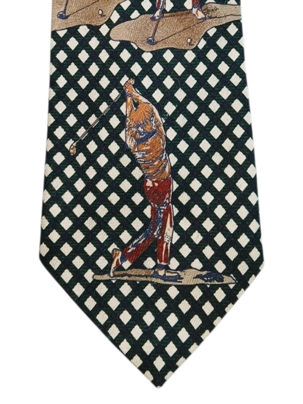 10 East Golf Golfer Novelty Necktie Green White Diamond Print Polyester Vintage